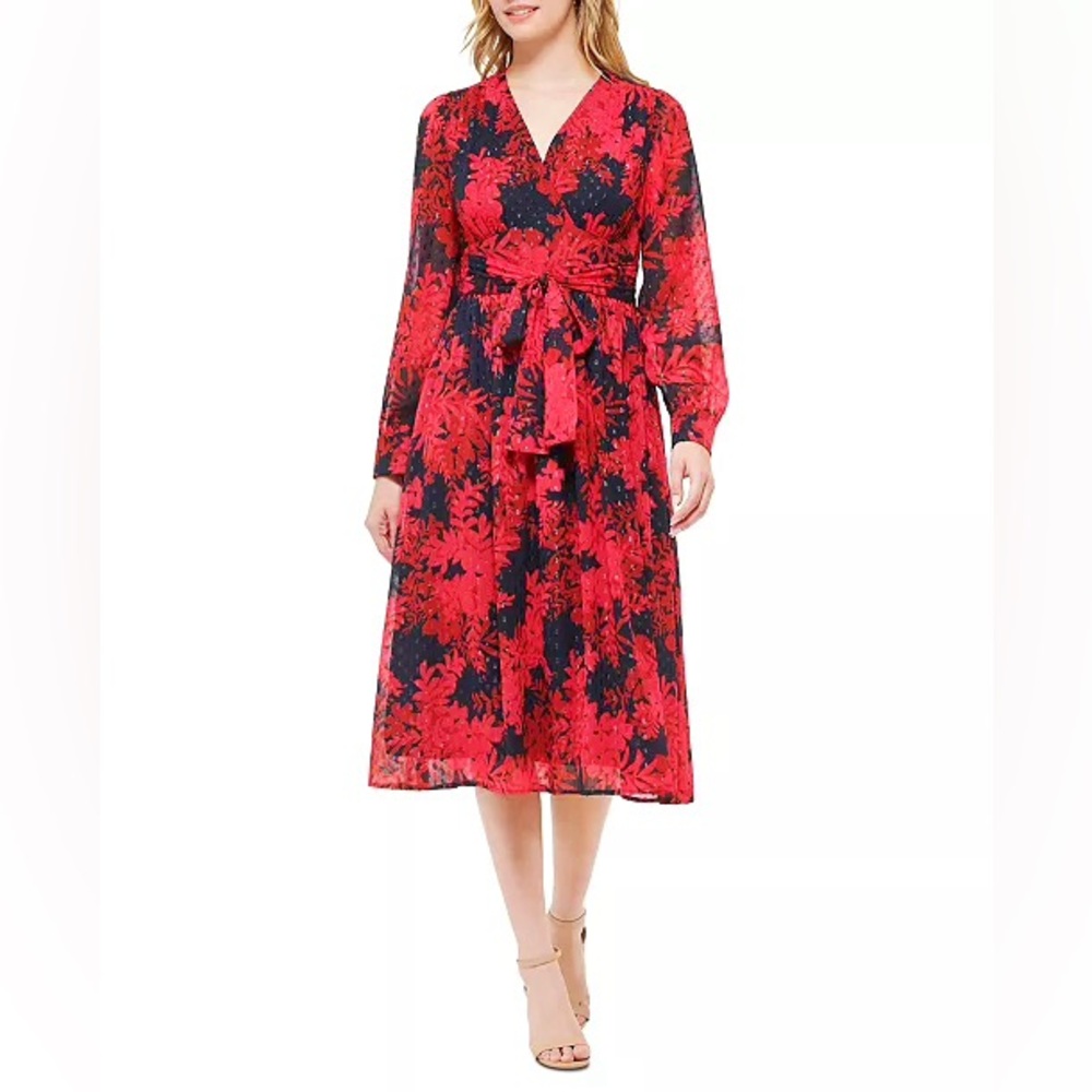 Tommy Hilfiger Women's Red Black Chiffon Glitter Floral Dress Long Sleeve 6 NWT
